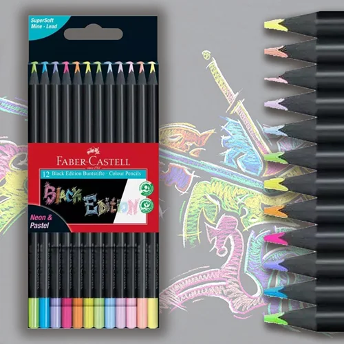 مداد رنگی 12 رنگ نئونی پاستلی فابرکاستل مدل black edition