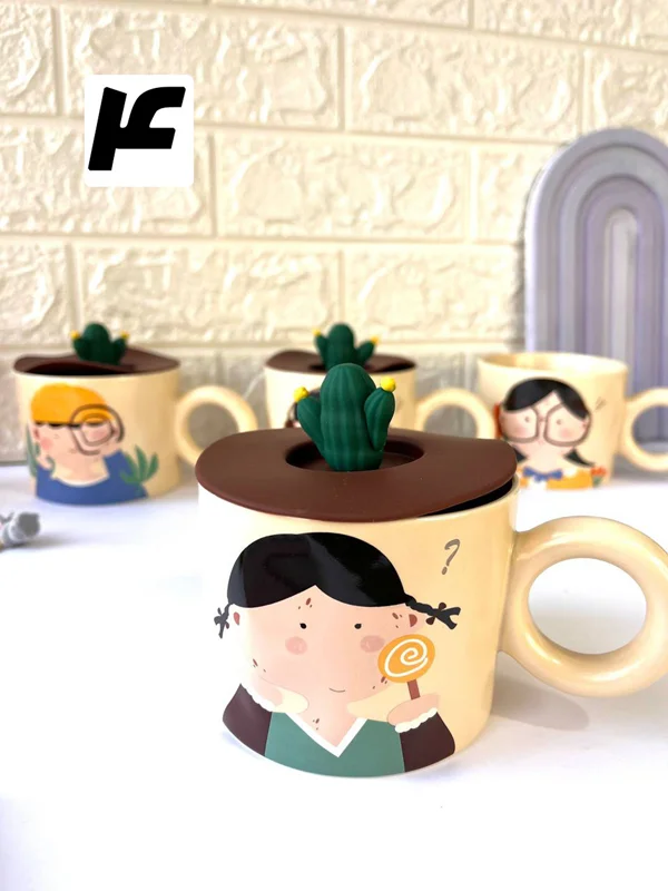 ماگ سرامیکی دختر و پسر دسته حلقه درب کاکتوس